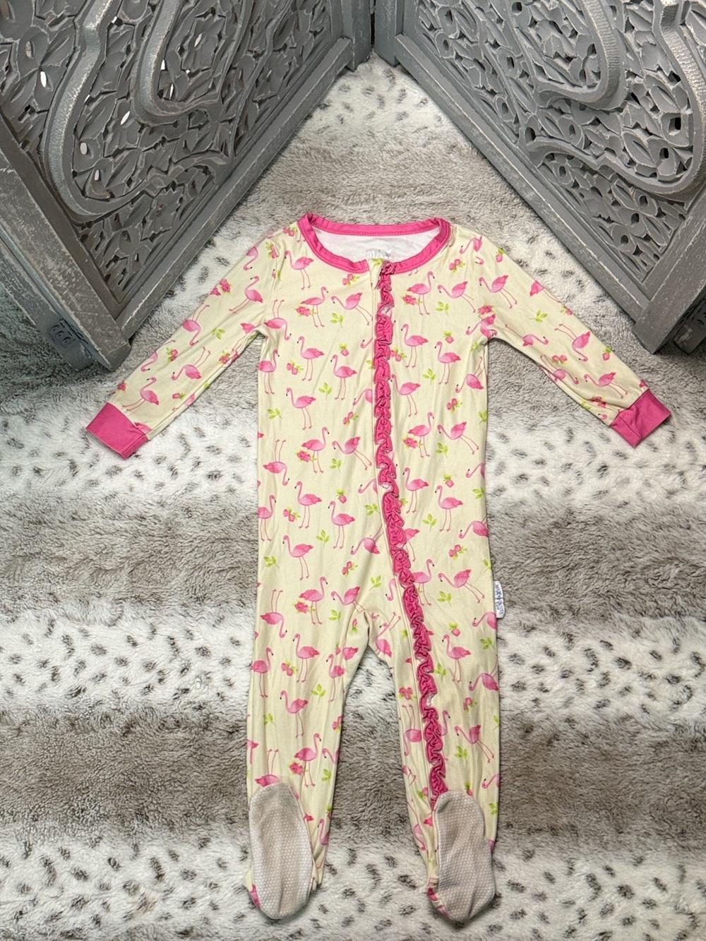 Max & Olivia Mini flamingo footie pajamas girls 18 months yellow pink floral